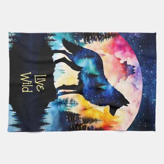 オオカミ満月の水色の木 キッチンタオル (横)