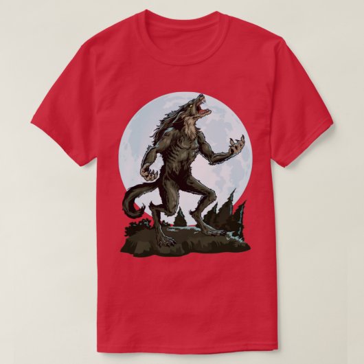 オオカミ男が月で吠える不気味なオオカミ満月 Tシャツ (デザイン正面)