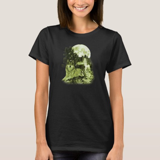 オオカミ野生動物滝ムーンウルフとA Tシャツ (正面)