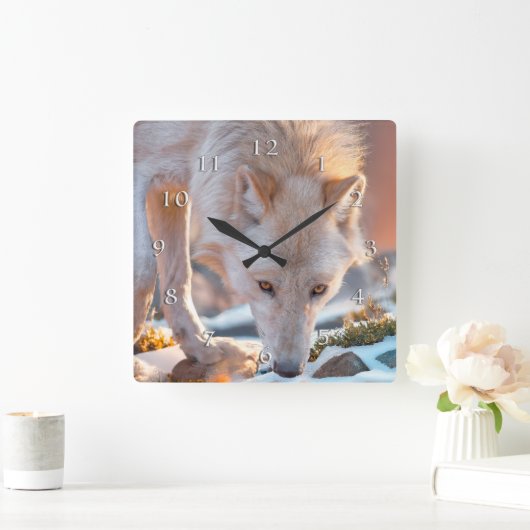 オオカミ雪垂木 スクエア壁時計 (ホーム)