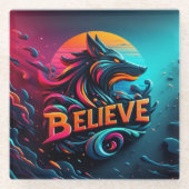 オオカミ鮮やかを様式化したデジタルアートワーク ガラスコースター (正面)