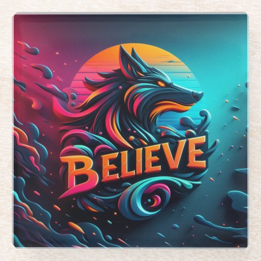 オオカミ鮮やかを様式化したデジタルアートワーク ガラスコースター (正面)