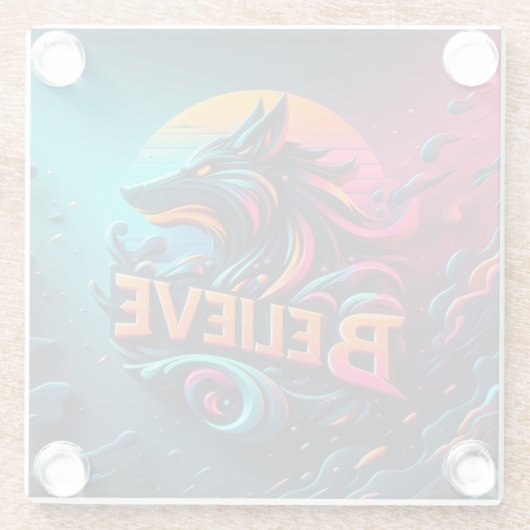 オオカミ鮮やかを様式化したデジタルアートワーク ガラスコースター (裏面)