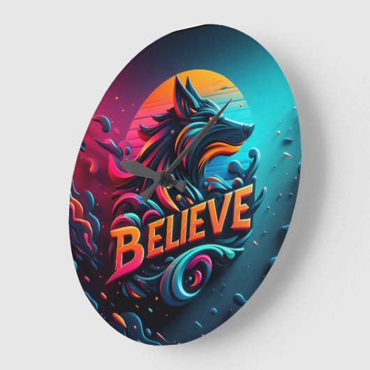 オオカミ鮮やかを様式化したデジタルアートワーク ラージ壁時計 (傾斜)