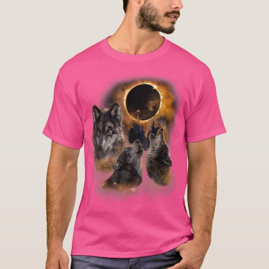 オオカミ3頭と太陽のエクリプスの森オオカミ動物 Tシャツ (正面)