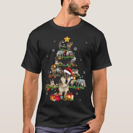 オオカミ クリスマスツリー クリスマス好きな人へのギフト Tシャツ (正面)