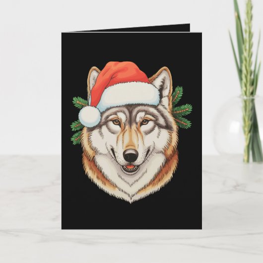 オオカミ クリスマス サンタ 帽子 動物 ホリデー カード (正面)