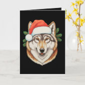 オオカミ クリスマス サンタ 帽子 動物 ホリデー カード (黄色い花)