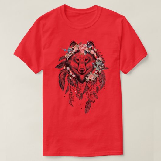 オオカミ・ドリームキャッチャー(花付) Tシャツ (デザイン正面)
