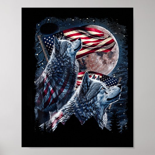 オオカミ 4th Of July アメリカ国旗 遠吠えするオオカミたち ポスター (正面)
