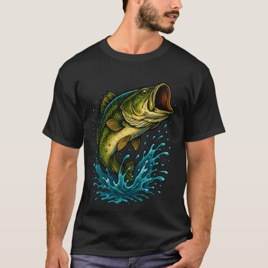 オオクチバスのイラスト - フィッシングデザイン Tシャツ (正面)