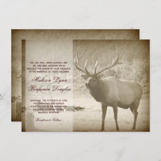 オオシカのビッグ・ゲームの野性生物の(雄ジカの)枝角の結婚式招待状 招待状 (正面/裏面)