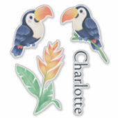 オオハシの鳥 トロピカルフラワーと名前のかわいい動物 シール (正面)