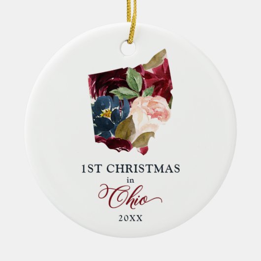 オオパーソナライズされたハイオ州の第1クリスマス州フローラ セラミックオーナメント (正面)