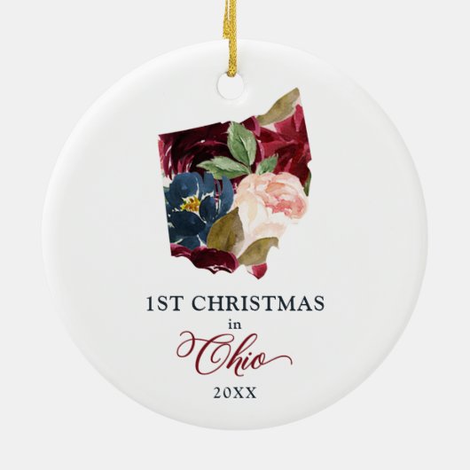 オオパーソナライズされたハイオ州の第1クリスマス州フローラ セラミックオーナメント (裏面)