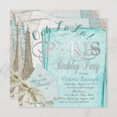 オオララティール(緑がかった色)ヴィンテージパリバースデーパーティー 招待状 (正面/裏面)