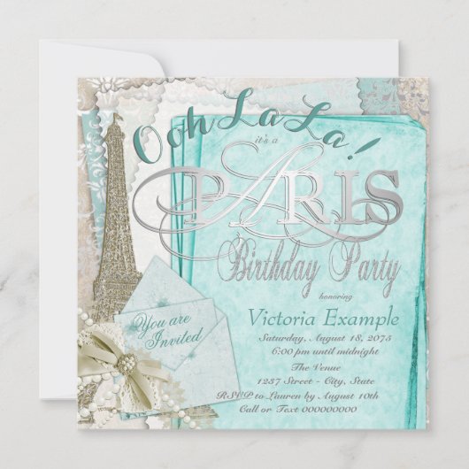 オオララティール(緑がかった色)ヴィンテージパリバースデーパーティー 招待状 (正面)