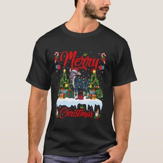 オカピクリスマスツリー照明サンタハトオカピクリスマス Tシャツ (正面)