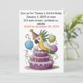 オカメインコが誕生日ケーキの風船に止まっている 招待状 (スタンド正面)