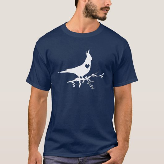 オカメインコの枝上のシルエット ハートの少年 Tシャツ (正面)
