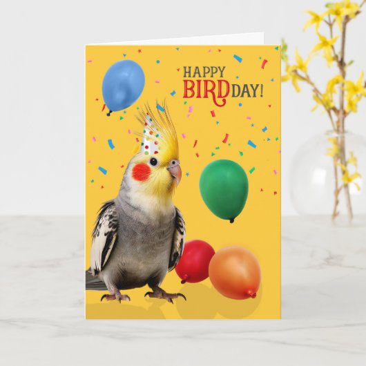 オカメインコ 誕生日ユーモア 楽しい カード (黄色い花)