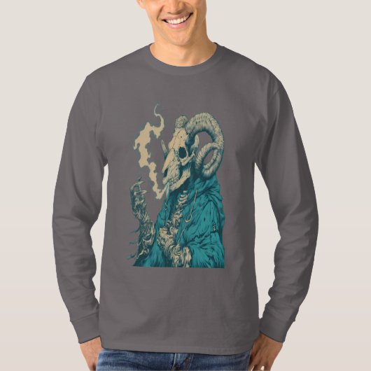 オカルト喫煙ラムの頭蓋骨ロングスリーブ Tシャツ (正面)