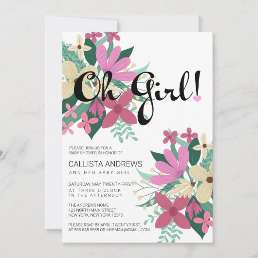 オガーリーピンクアイボリーフローラブーケ赤ちゃんシャワー 招待状 (正面)