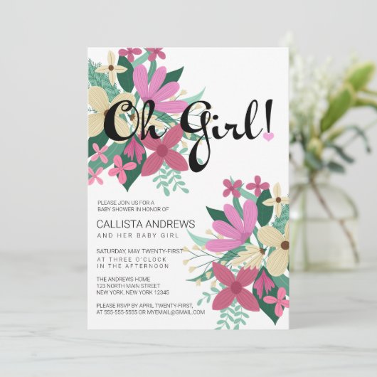 オガーリーピンクアイボリーフローラブーケ赤ちゃんシャワー 招待状 (スタンド正面)