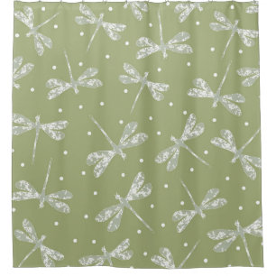 オガーリーリーブ緑の白い点とトンボ シャワーカーテン
