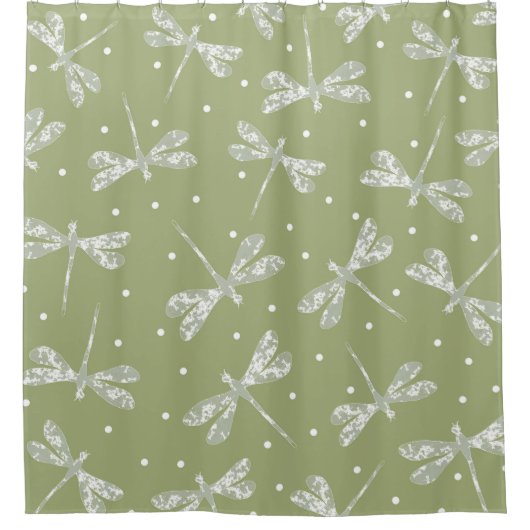 オガーリーリーブ緑の白い点とトンボ シャワーカーテン (正面)