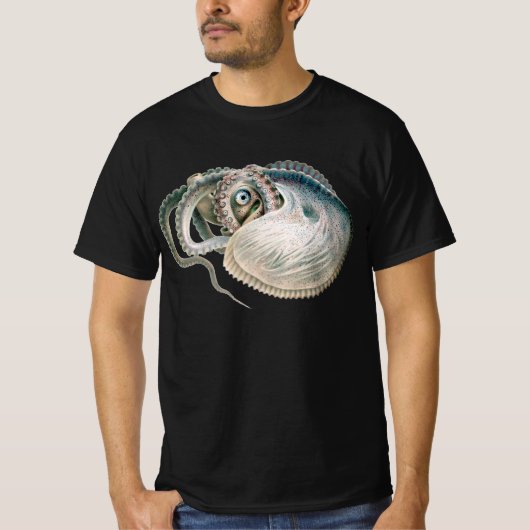 オクトパス・アルゴノート、ヴィンテージ海洋生物動物 Tシャツ (正面)