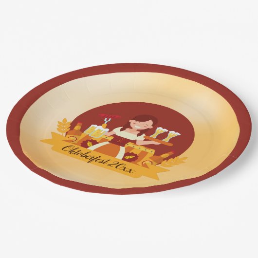 オクトーバーフェストとソーセージ付き女性 ペーパープレート (アングル)