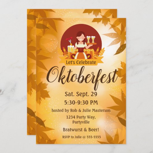 オクトーバーフェストとソーセージ付き女性 招待状 (正面/裏面)