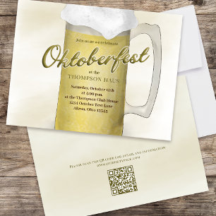 オクトーバーフェストのシンプルな水彩画 ゴールドビールのQRコード 招待状