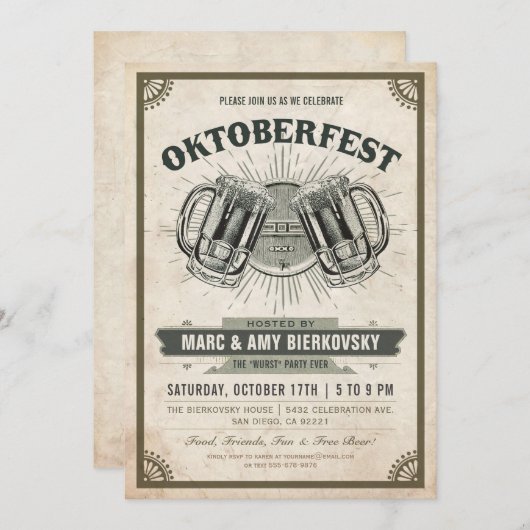 オクトーバーフェストのパーティの招待状|のヴィンテージのレトロ 招待状 (正面/裏面)