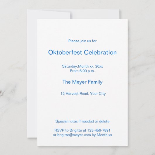 オクトーバーフェストのパーティー、Bayern色 招待状 (裏面)