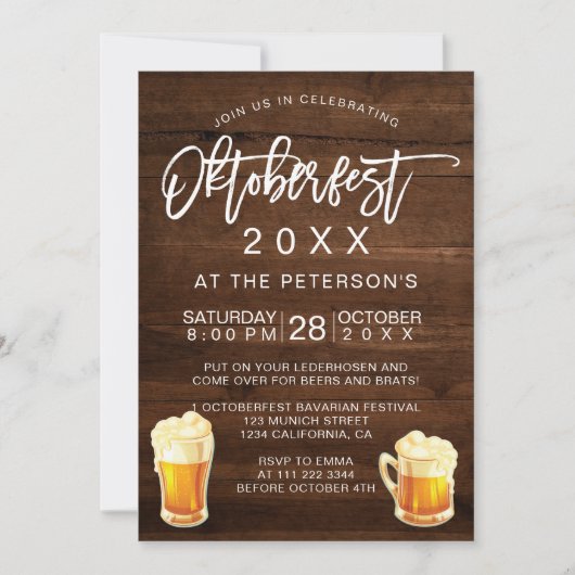 オクトーバーフェストのフェスティバルのパーティーのタイポグラフィの素朴な木 招待状 (正面)