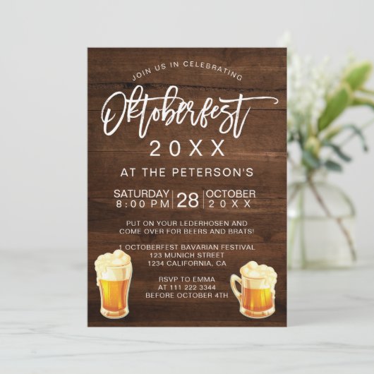 オクトーバーフェストのフェスティバルのパーティーのタイポグラフィの素朴な木 招待状 (スタンド正面)