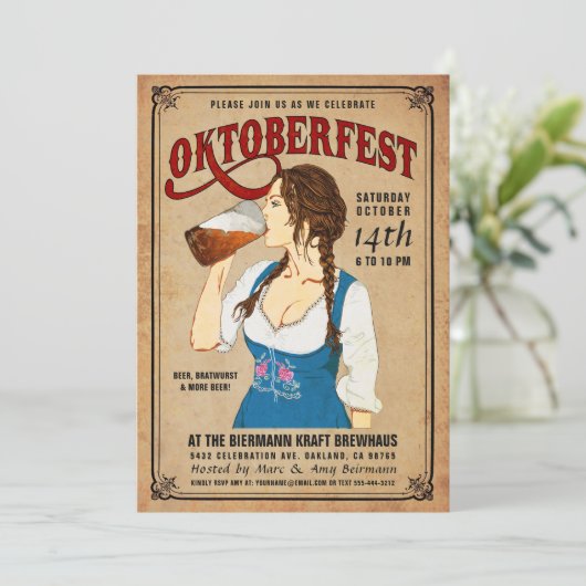 オクトーバーフェストの招待状のヴィンテージのオクトーバーフェストの女性 招待状 (スタンド正面)
