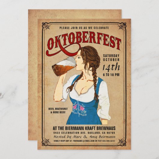 オクトーバーフェストの招待状のヴィンテージのオクトーバーフェストの女性 招待状 (正面/裏面)