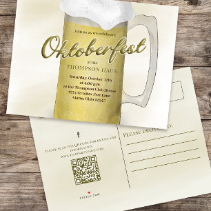 オクトーバーフェストシンプル水カラー金ゴールドビールQRコード インビテーションポストカード