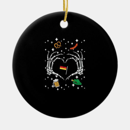 オクトーバーフェストスケルトン手ハートフラグGerman セラミックオーナメント (正面)