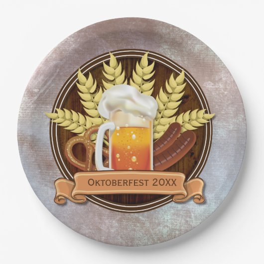 オクトーバーフェストビアソーセージプレッツェルロゴ、ウッド ペーパープレート (正面)