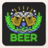 オクトーバーフェストビールフェスティバルネオンオンブラック スクエアペーパーコースター (正面)