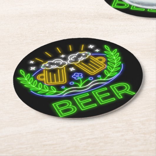 オクトーバーフェストビールフェスティバルネオンオンブラック ラウンドペーパーコースター (アングル)