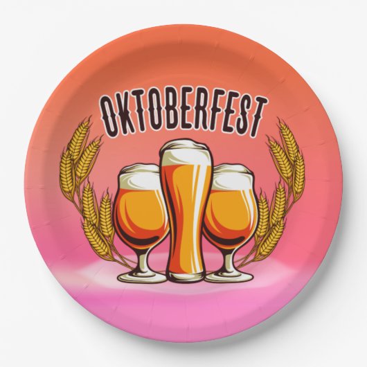 オクトーバーフェストビールレディースグラスオンピンクパステル9" ペーパープレート (正面)