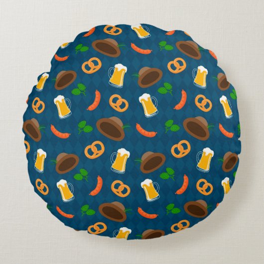 オクトーバーフェストビール、プレッツェル&ソーセージパターンスロー ラウンドクッション (正面)