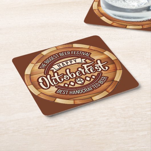 オクトーバーフェストフェスティバルブラウン木製ビールバレル スクエアペーパーコースター (アングル)