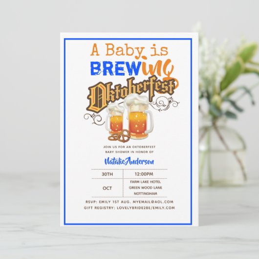 オクトーバーフェストベビーシャワーベビーはビールのプレッツ醸造 招待状 (スタンド正面)