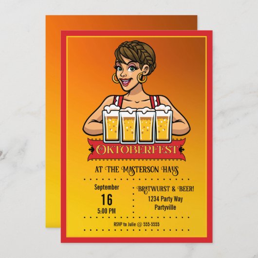 オクトーバーフェストメイド付きビール招待状 招待状 (正面/裏面)